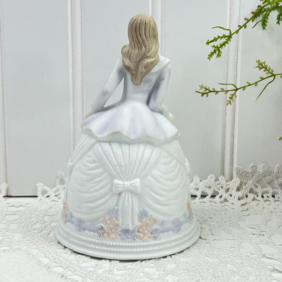 Victorian Ceramic Dinner Bell Woman Figurine Hat Bow Dress Floral Cabinet Piece - Picture 5 of 10